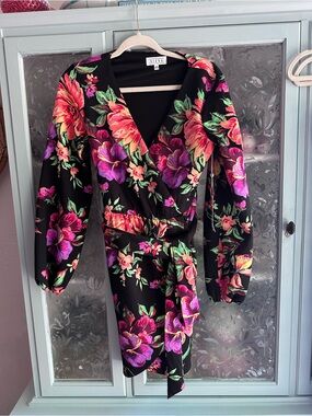 Sienna Sky Black Long-Sleeve Floral Wrap Dress with Pink & Purple Blooms